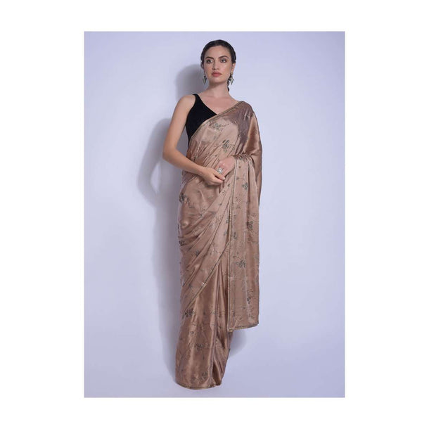 Ginger Beige Saree In Satin With Kundan In Leaves And Floral Motifs Online - Kalki Fashion