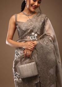 Ginger Brown Saree In Tissue Organza With Beaded And Cut Dana Embroidery Motifs, Crop Top Crafted In Raw Silk With A Corset Neckline