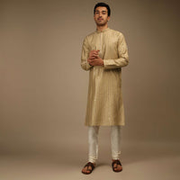Ginger Taupe Kurta Set In Silk With Resham And Sequins Abla Embroidered Striped Design