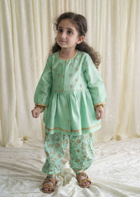 Kalki Girls Combo Of Sea Green Embroidered Angrakha Set And Gold Printed Bow Hairclip