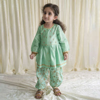 Kalki Girls Combo Of Sea Green Embroidered Angrakha Set And Gold Printed Bow Hairclip