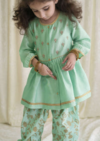 Kalki Girls Combo Of Sea Green Embroidered Angrakha Set And Gold Printed Bow Hairclip