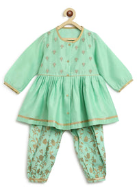 Kalki Girls Combo Of Sea Green Embroidered Angrakha Set And Gold Printed Bow Hairclip