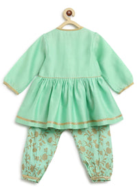 Kalki Girls Combo Of Sea Green Embroidered Angrakha Set And Gold Printed Bow Hairclip
