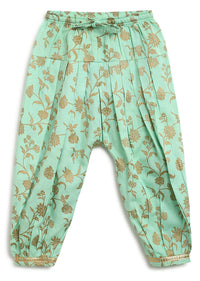 Kalki Girls Combo Of Sea Green Embroidered Angrakha Set And Gold Printed Bow Hairclip