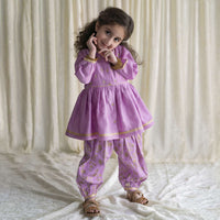 Kalki Girls Combo Of Lilac Purple Embroidered Angrakha Set And Gold Printed Bow Hairclip