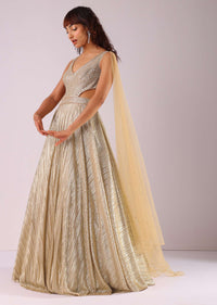 Glam Gold Embroidered Gown In Knit Fabric With Net Trail Wings