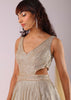 Glam Gold Embroidered Gown In Knit Fabric With Net Trail Wings