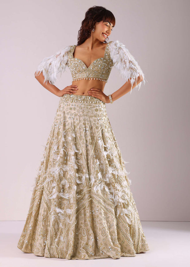 Glam Gold Embroidered Lehenga Set In Foil Fabric With Feather Work