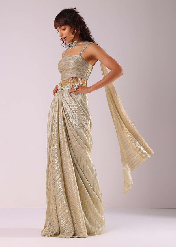 Glam Gold Pleated Skirt And Top With Embroidered Choker Dupatta