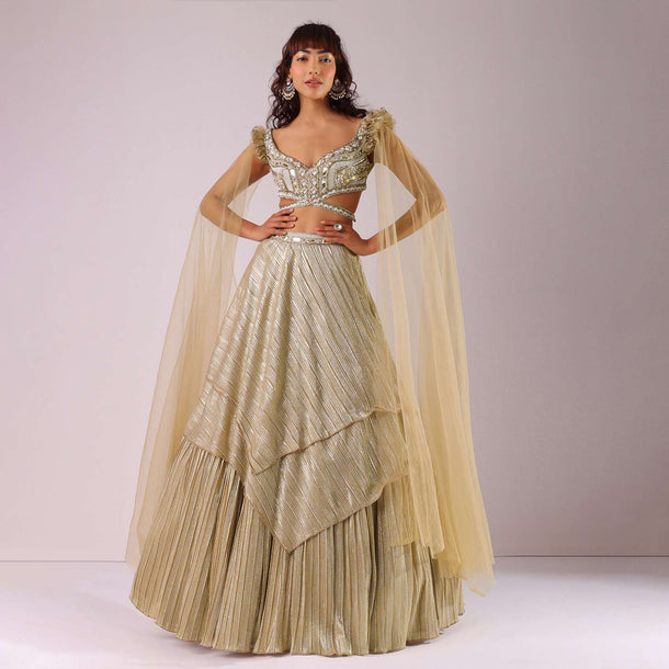 Glam Gold Lehenga Set In Foil Knit Fabric With Embroidered Blouse