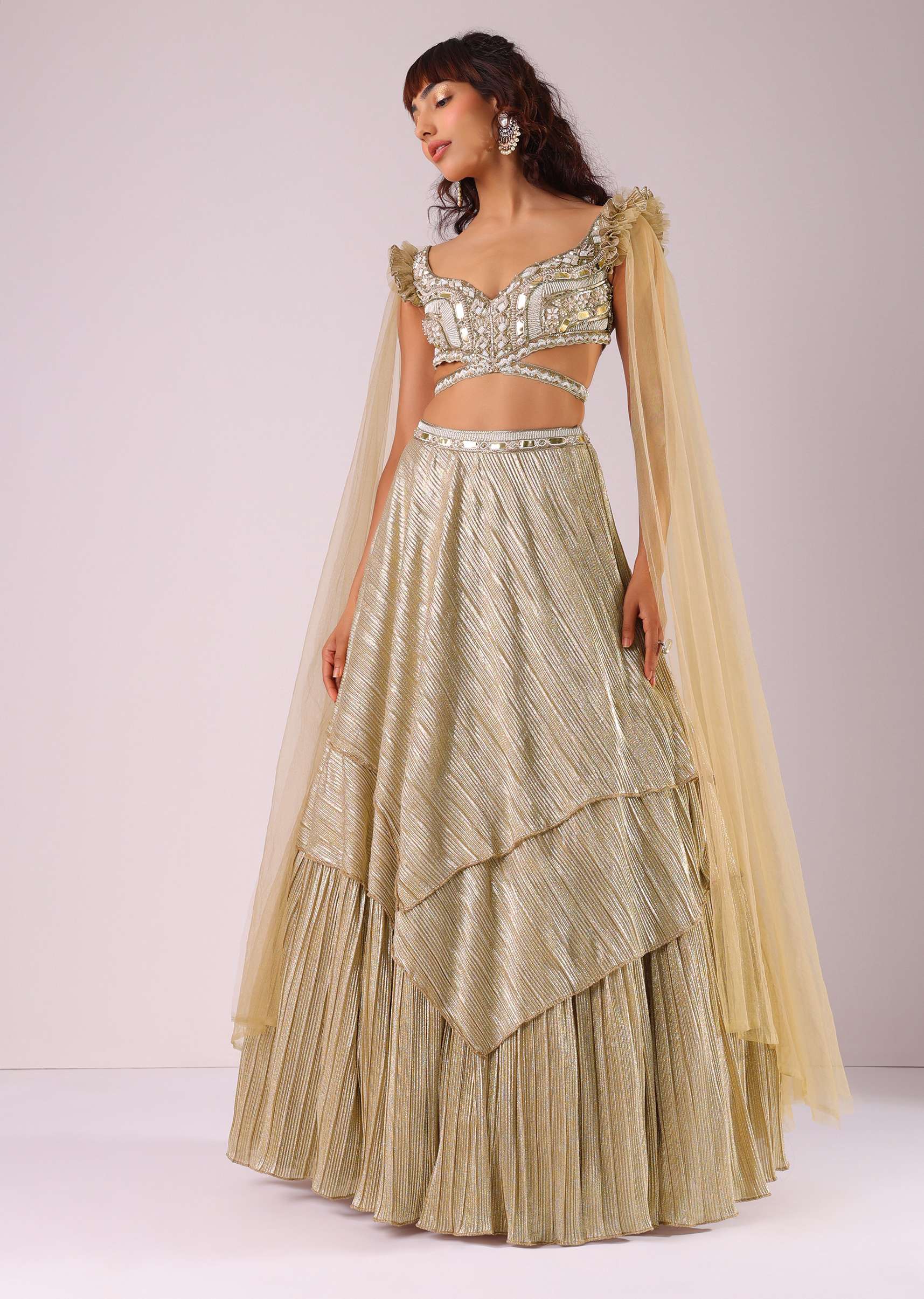 Glam Gold Lehenga Set In Foil Knit Fabric With Embroidered Blouse