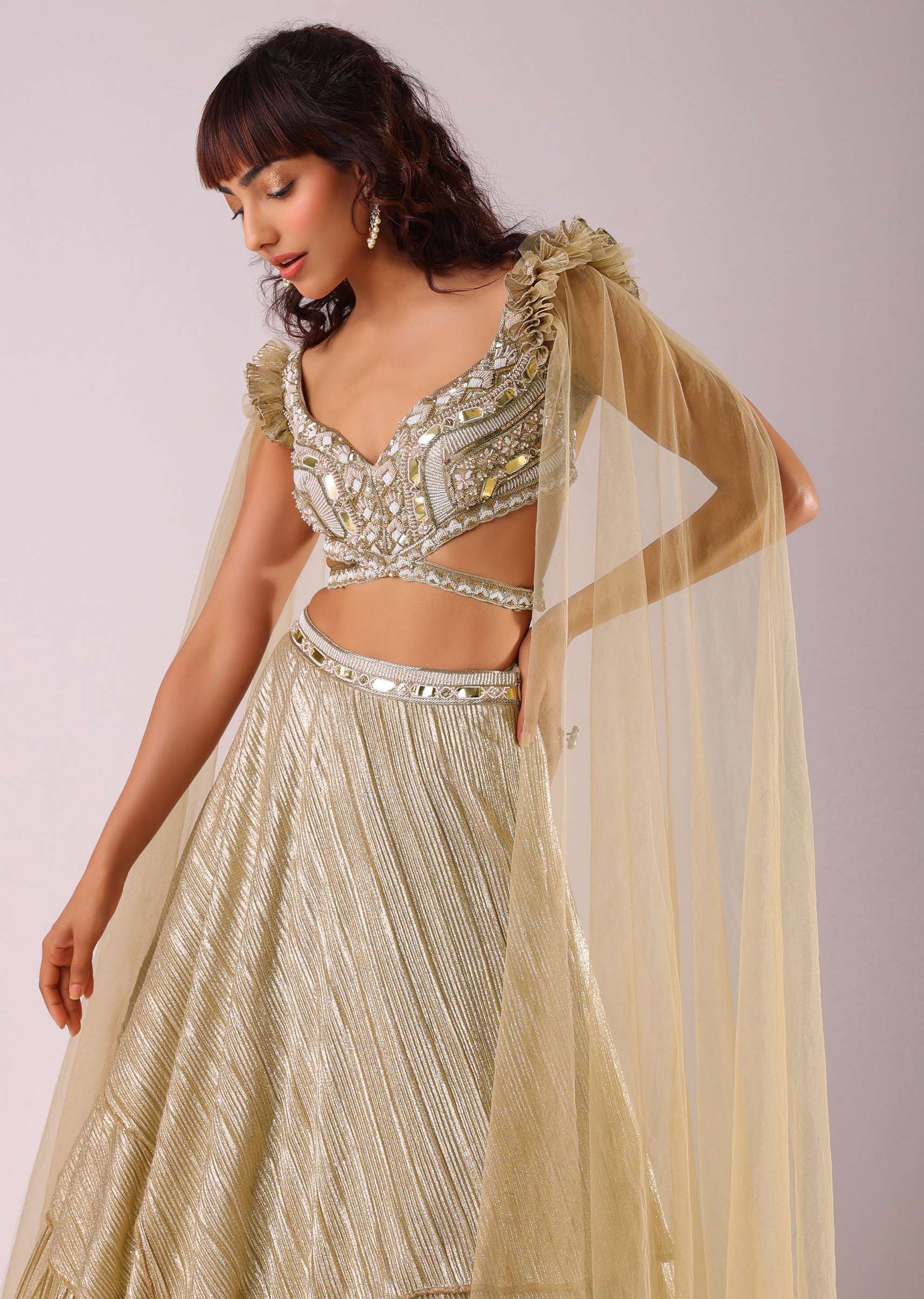 Glam Gold Lehenga Set In Foil Knit Fabric With Embroidered Blouse