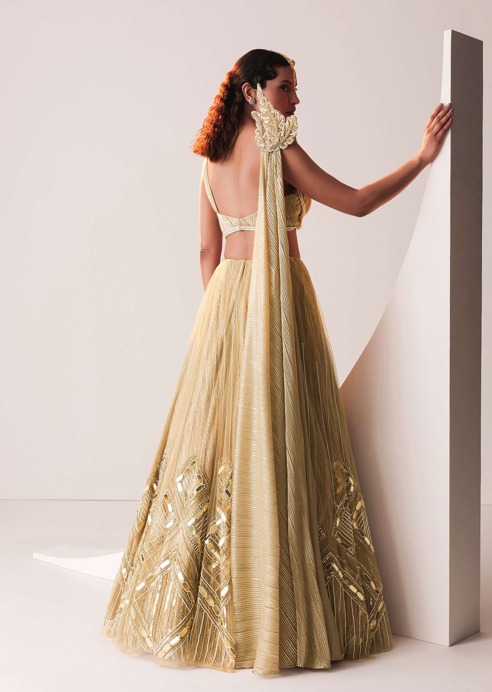 Glam Gold Embroidered Lehenga Set In Knit Stretchable Fabric