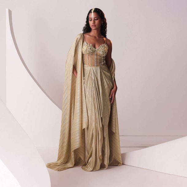 Glam Gold Embroidered Gown In Knit Stretchable Fabric With Jacket