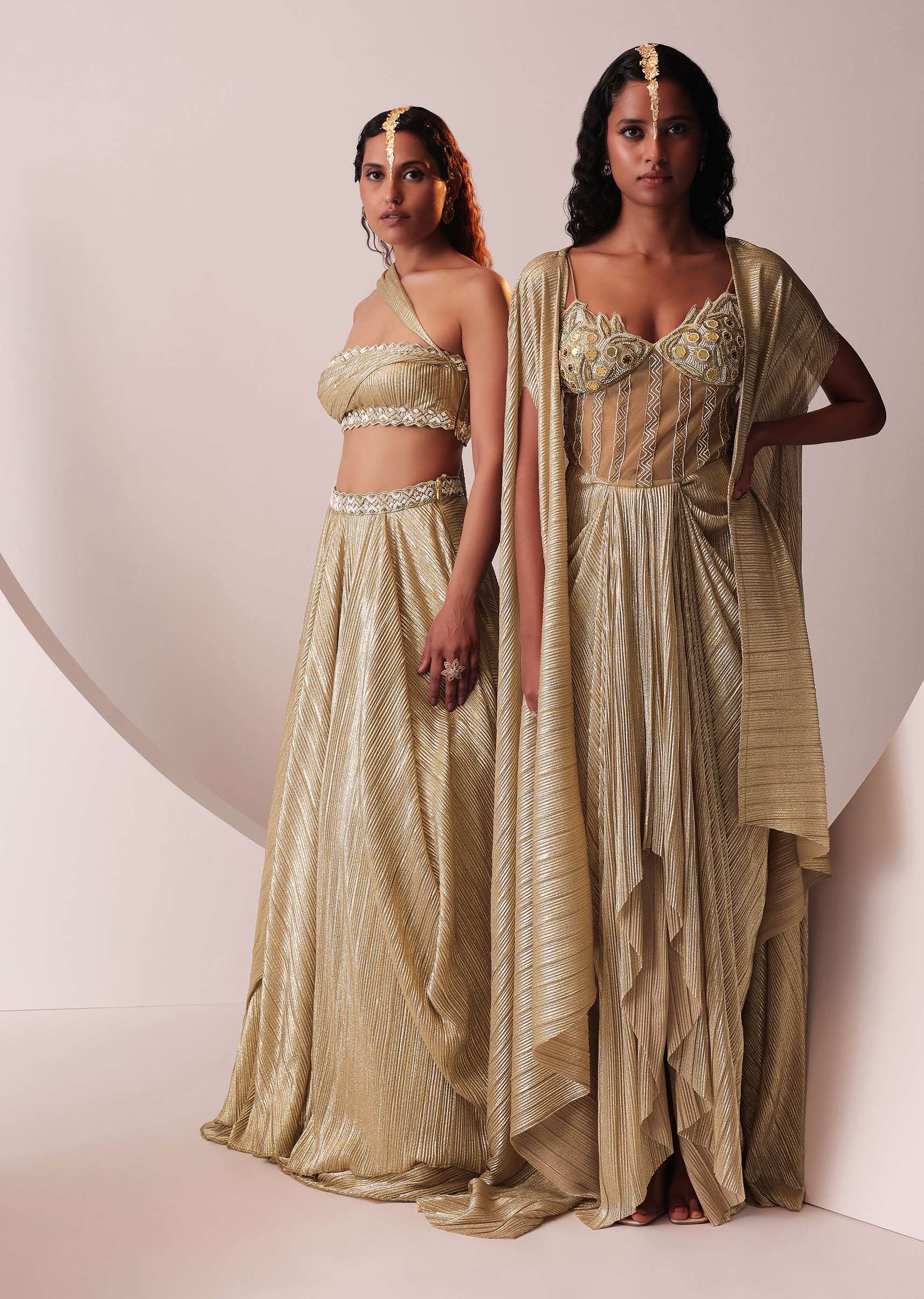 Glam Gold Embroidered Gown In Knit Stretchable Fabric With Jacket