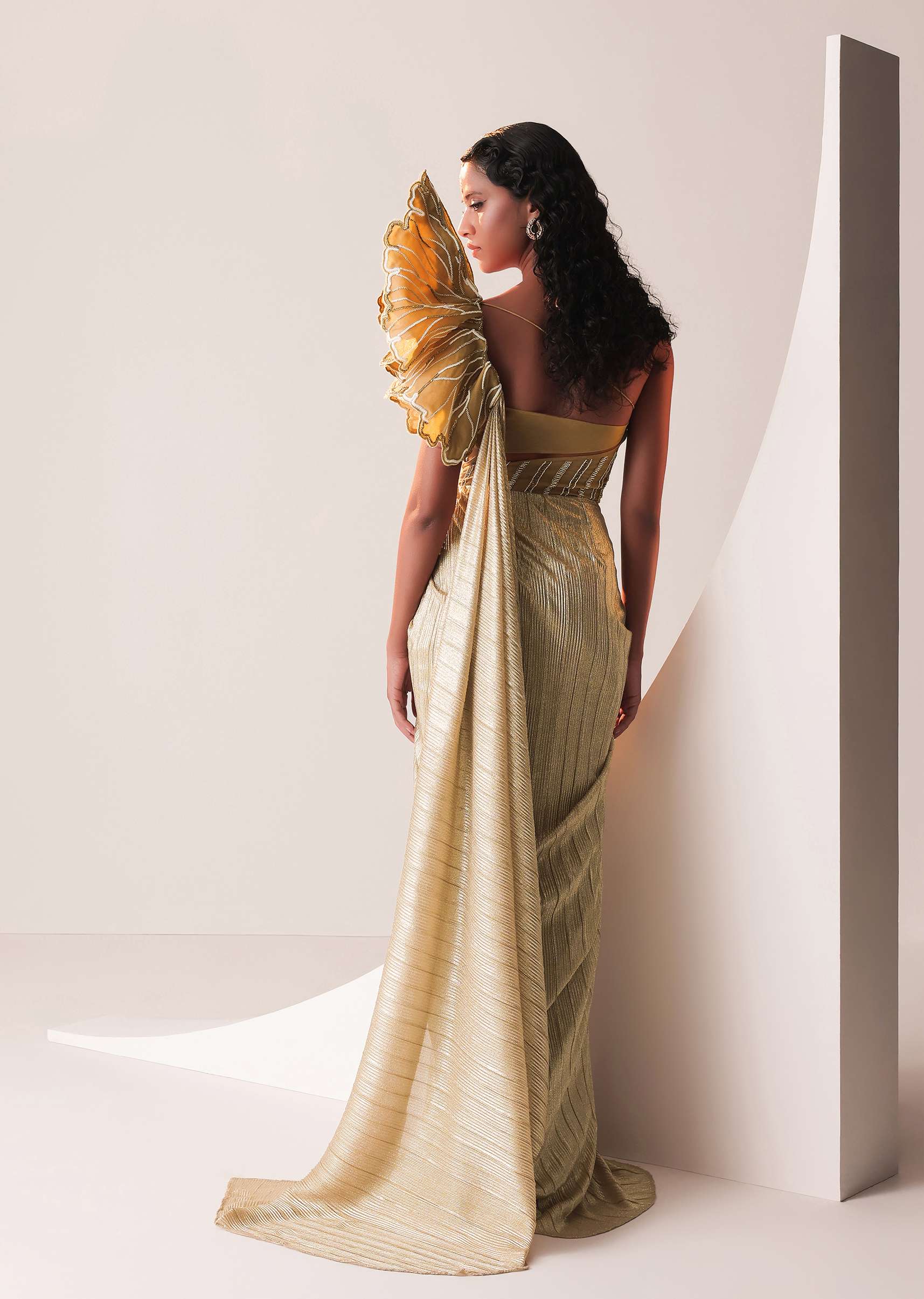 Glam Gold Gown In Knit Strechable Fabric With Embroidery