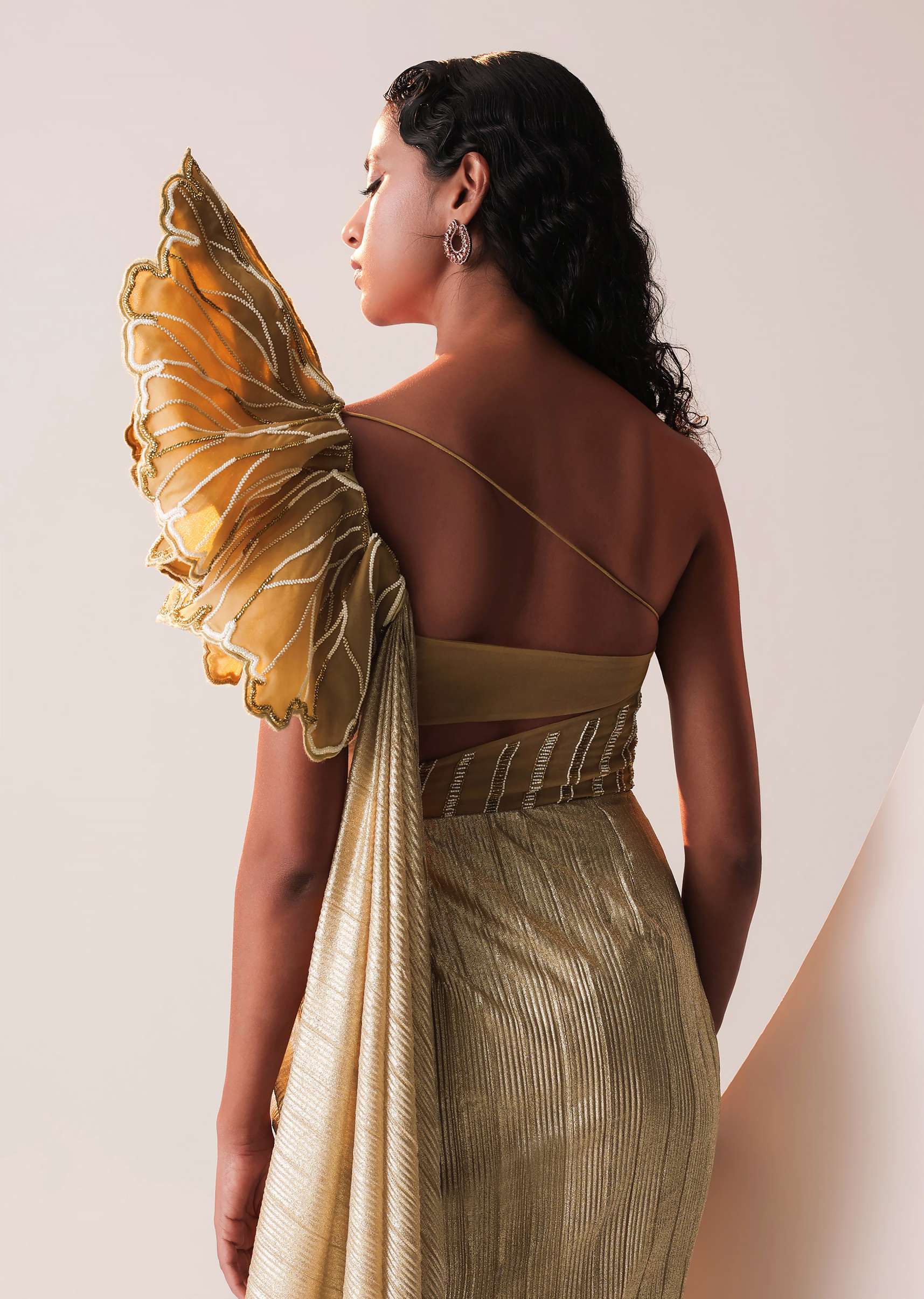 Glam Gold Gown In Knit Strechable Fabric With Embroidery