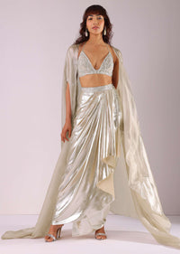 Glam Silver Embroidered Pleated Skirt And Blouse In Lycra With Organza Shrug