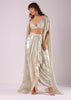 Glam Silver Embroidered Pleated Skirt And Blouse In Lycra With Organza Shrug