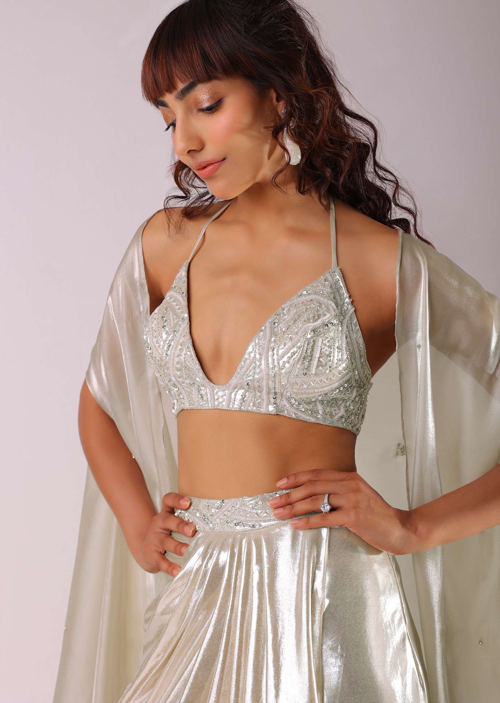 Glam Silver Embroidered Pleated Skirt And Blouse In Lycra With Organza Shrug