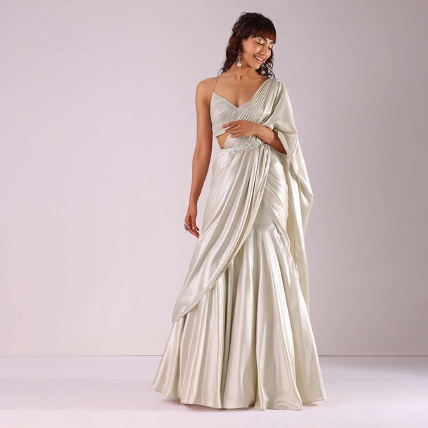 Glam Silver Ready-To-Wear Lehenga Saree In Foil With Mesh Blouse