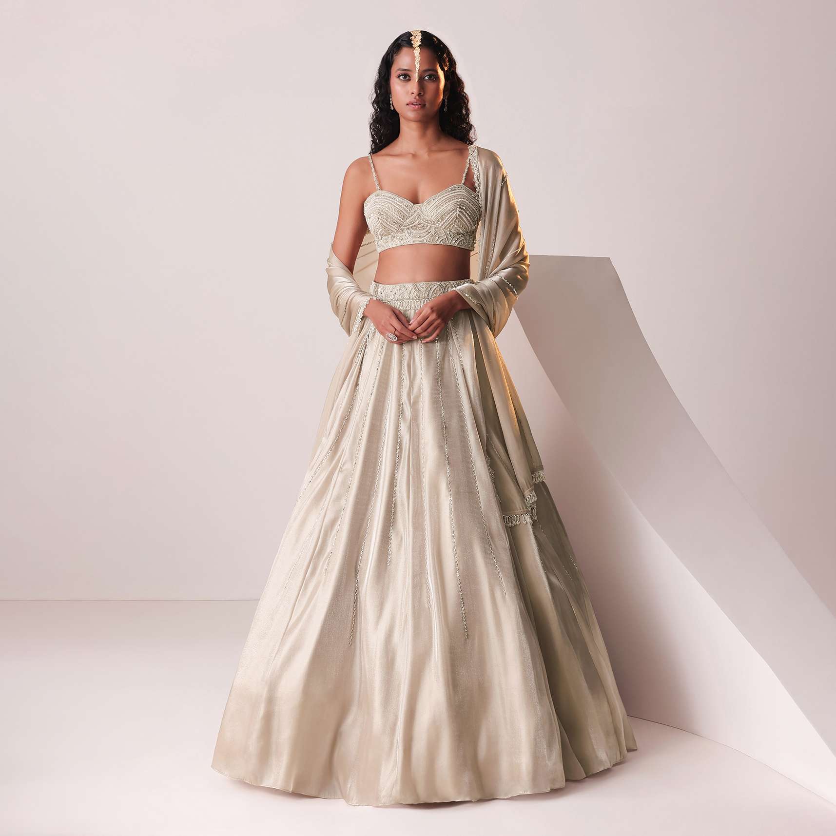 Glam Silver Embroidered Lehenga Set In Organza