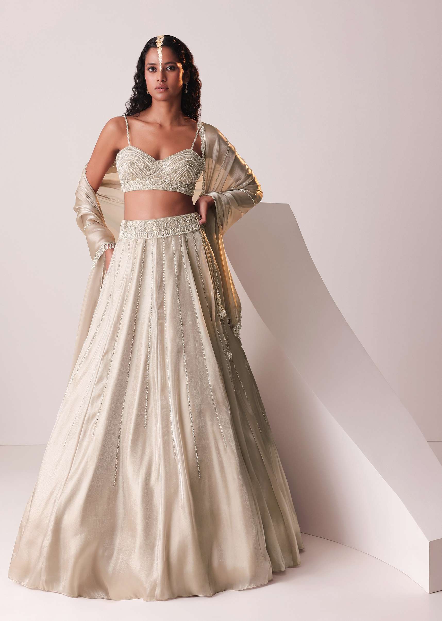 Glam Silver Embroidered Lehenga Set In Organza
