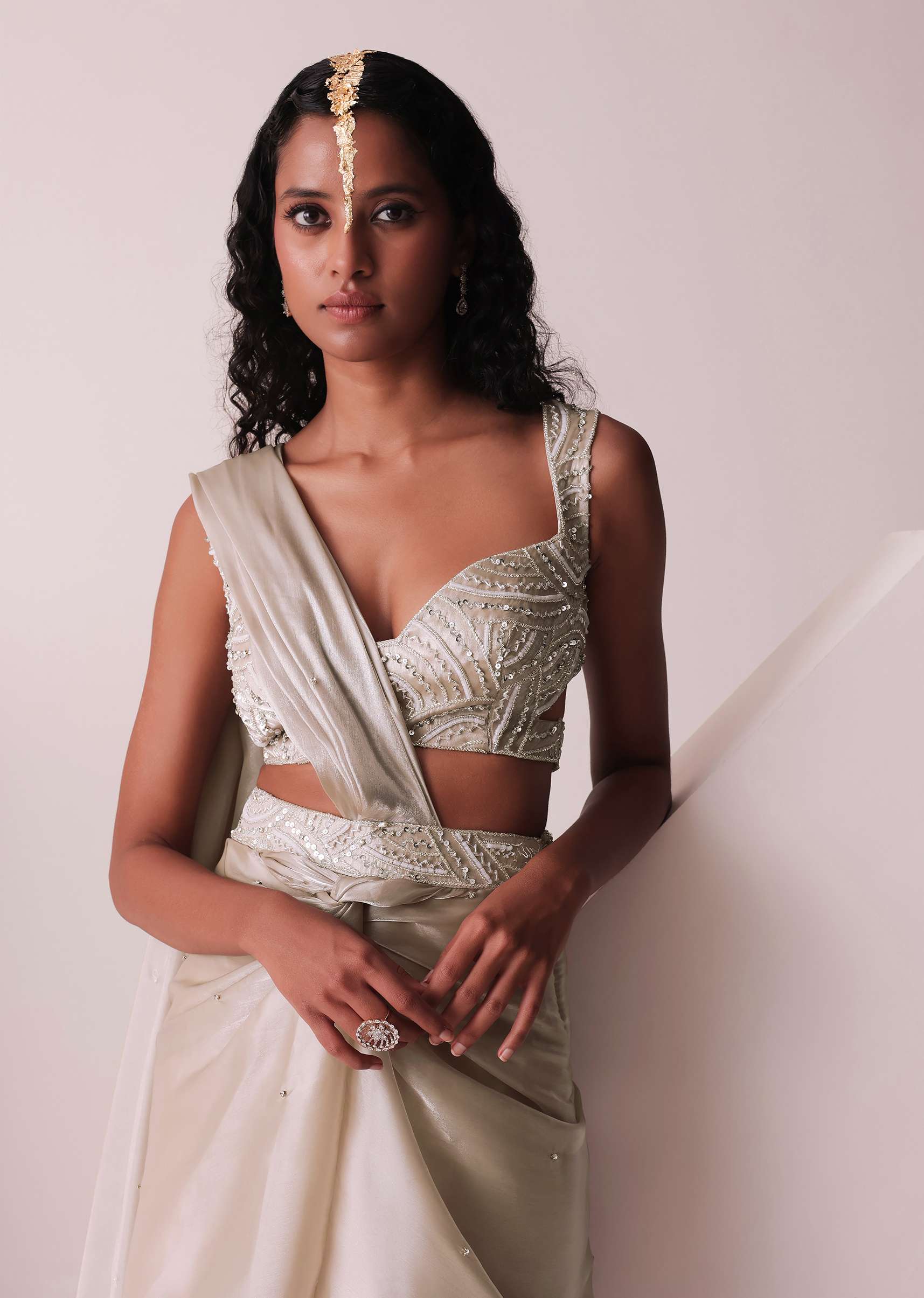 Glam Silver Embroidered Ready-To-Wear Saree In Organza