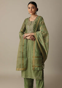 Glamorous Green Gotta Patti Work Kurti Pant Set