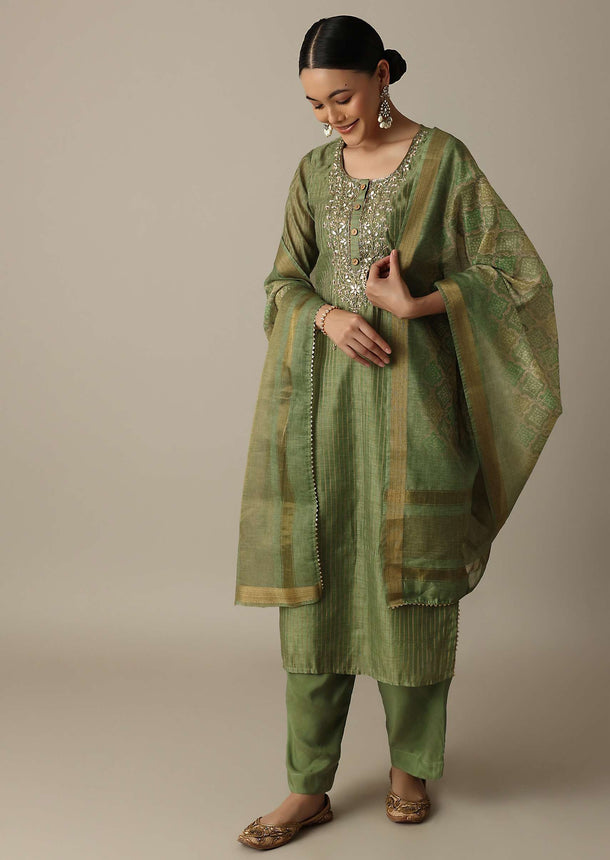 Glamorous Green Gotta Patti Work Kurti Pant Set