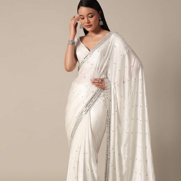Glamorous White Chinnon Saree With Stone Embellishments