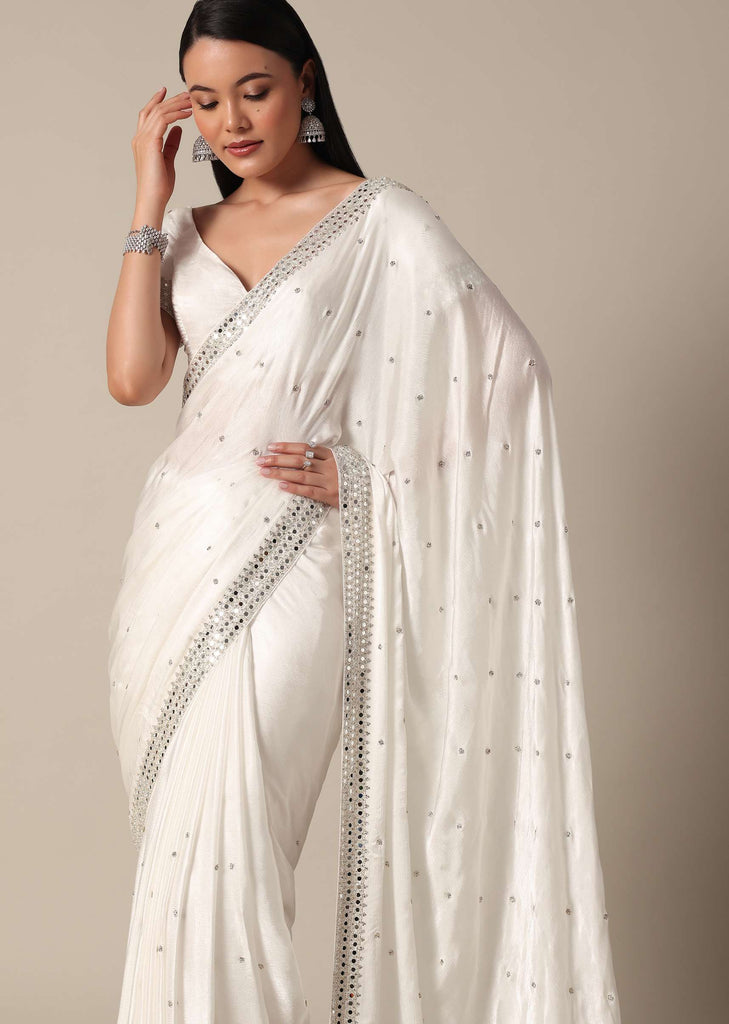 Glamorous White Chinnon Saree With Stone Embellishments