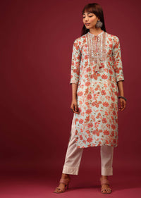 Powder Blue Floral Print Cotton Kurta In Straight Cut With Gotta Work Embroidered Bodice