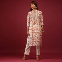 Powder Blue Floral Print Cotton Kurta In Straight Cut With Gotta Work Embroidered Bodice