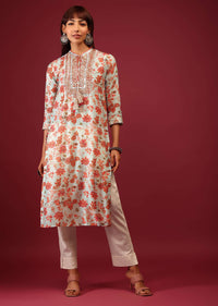 Powder Blue Floral Print Cotton Kurta In Straight Cut With Gotta Work Embroidered Bodice
