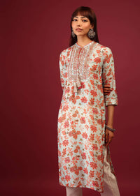 Powder Blue Floral Print Cotton Kurta In Straight Cut With Gotta Work Embroidered Bodice