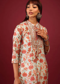 Powder Blue Floral Print Cotton Kurta In Straight Cut With Gotta Work Embroidered Bodice