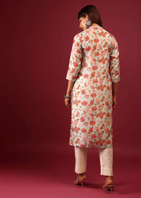 Powder Blue Floral Print Cotton Kurta In Straight Cut With Gotta Work Embroidered Bodice