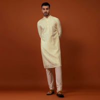 Cream White Embroidered Kurta With Mirror Work In Cotton Silk