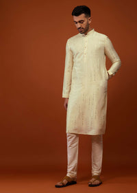 Cream White Embroidered Kurta With Mirror Work In Cotton Silk