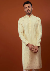 Cream White Embroidered Kurta With Mirror Work In Cotton Silk