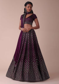 Plum Purple Swarovski Embellished Lehenga In Wrinkle Satin