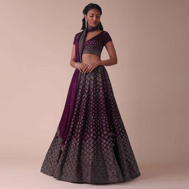 Plum Purple Swarovski Embellished Lehenga In Wrinkle Satin