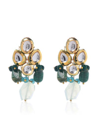 Gold And Green Earrings Hand Crafted With Kundan And Dangling Beads By Paisley Pop