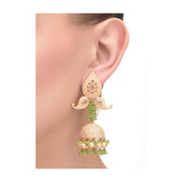 Gold Beige Earrings With Pearl And Dangling Chain Embellished Sphere And Fringed Semicircle  Online - Kalki Fashion