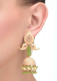 Gold Beige Earrings With Pearl And Dangling Chain Embellished Sphere And Fringed Semicircle  Online - Kalki Fashion