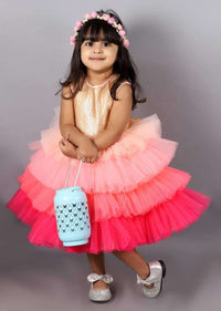 Gold And Pink Dress With Ombre Net Layers And Golden Sequins Bodice Online - Kalki Fashion