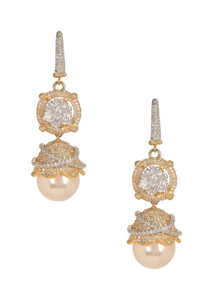 Gold And Silver Danglers Enhanced With Pearls, Stones And Crystals In Floral Pattern Online - Kalki Fashion