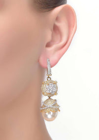 Gold And Silver Danglers Enhanced With Pearls, Stones And Crystals In Floral Pattern Online - Kalki Fashion